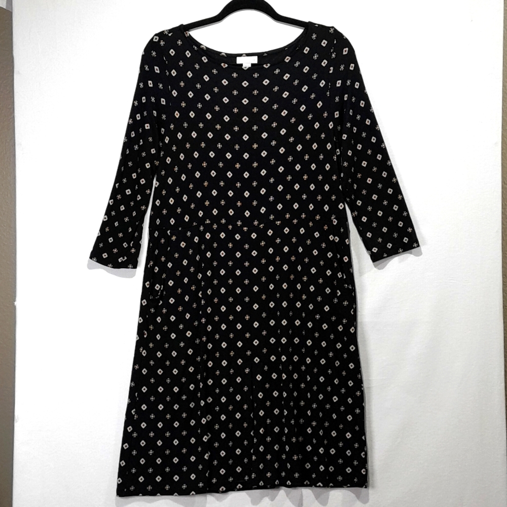 NEW J. Jill Floral Abstract Stretch Dress 3/4 Sleeve Boatneck Black M Petite